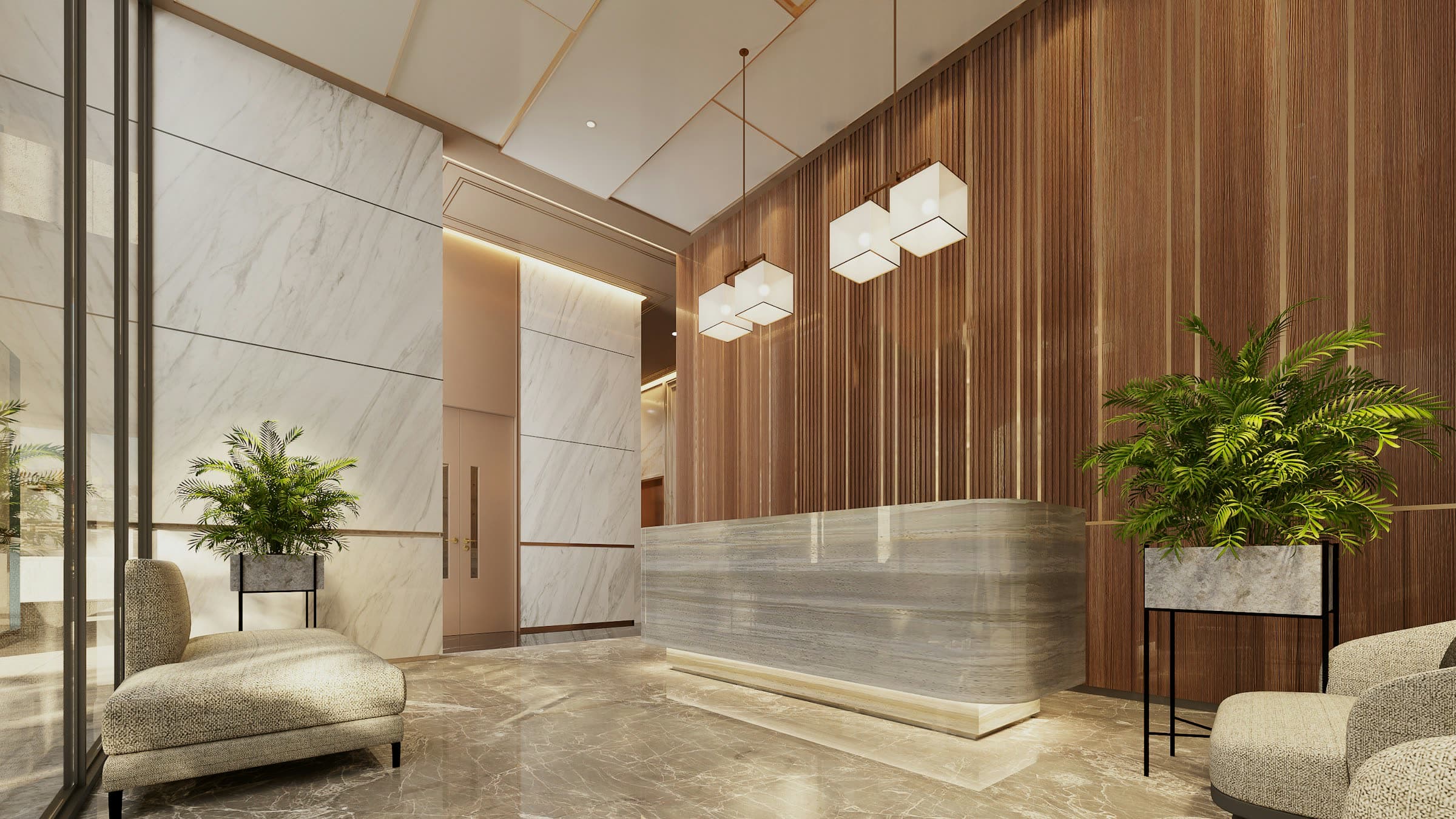 A Grade-A office reception with a marble desk, timber wall panels and planting.